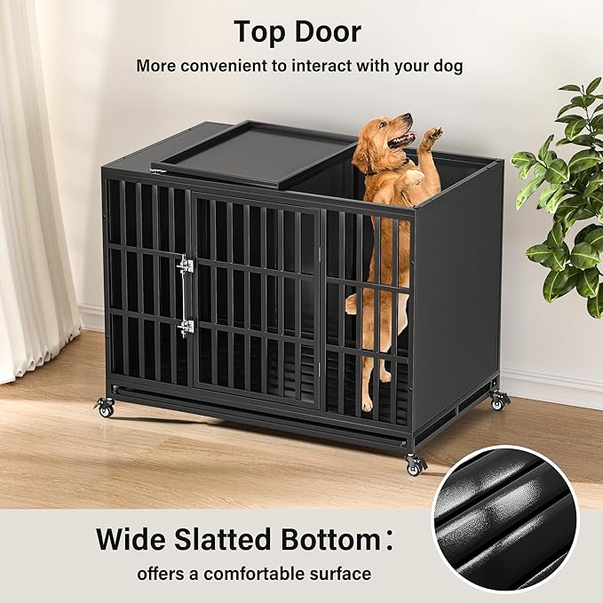 48 inch Heavy Duty Dog Crate with Self-Locking Latch, Indestructible Large Steel Kennel with Enclosed Design, Escape-Proof and Chew-Proof Pet Cage for High Anxiety Dogs-Mewly Pet