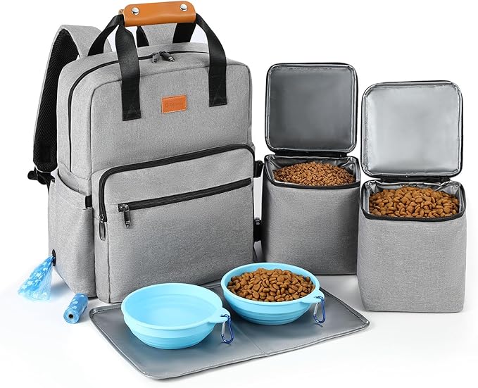 Dog Travel Bag, 25L Airline Approved Dog Travel Backpack for Pet Travel Accessories with 2 Food Storage Containers, 2 Foldable Bowls for Short Trips, Grey-Mewly Pet