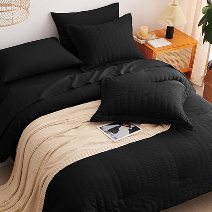 CozyLux Oversized King Comforter Set Black Seersucker 7 Pieces 120x98 Bed in a Bag Comforter Set with Sheets, Luxury Soft Bedding Sets with Down Alternative Comforter, Sheets, Pillowcases & Shams