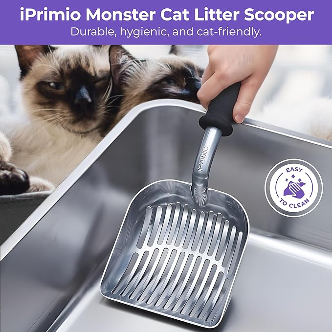 iPrimio Monster Metal Cat Litter Scoop with 17-Inch Long Handle - Extra Large Deep Shovel with Rounded Corners for Extended Reach and Soft Ergonomic Grip for Effortless Cleaning-Mewly Pet