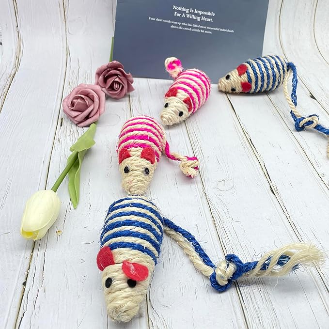 LUOZZY 4Pcs Cat Mouse Toys Adorable Sisal Mice Toys Kitten Chewing Toy Funny Indoor Animal Shape Props Pet Supplies - Blue+Pink 1.38x5.11in-Mewly Pet