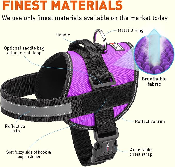 Dogline Dog Harness, Reflective No-Pull Adjustable Vest with Handle for Walking, Training, Breathable, No - Choke Harness for Small, Medium or Large Dogs Room for Patches Girth 15 to 18 in Purple-Mewly Pet