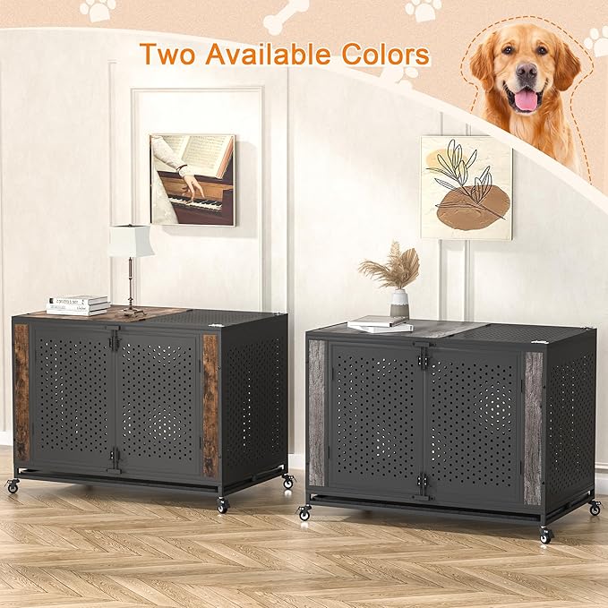 48" Heavy Duty Dog Crate Furniture for Extra Large Dogs, Enclosed Design with 0.5 inch Holes, Indestructible Metal Kennel for High Anxiety Dogs, Chew Proof Pet Cage House Indoor, Brown-Mewly Pet
