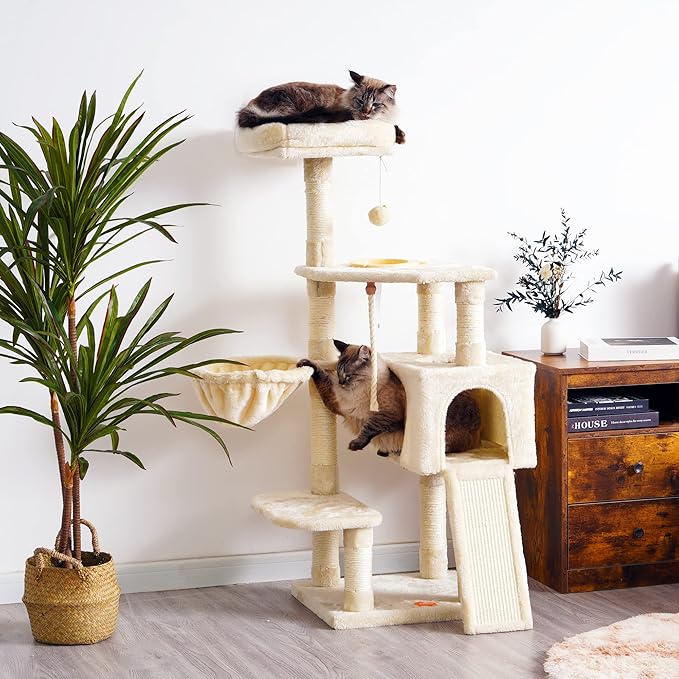 Heybly Cat Tree, Cat Tower for Indoor Cats with Scratching Board, Multi-Level Cat Furniture Condo with Feeding Bowl, Beige HCT010M-Mewly Pet
