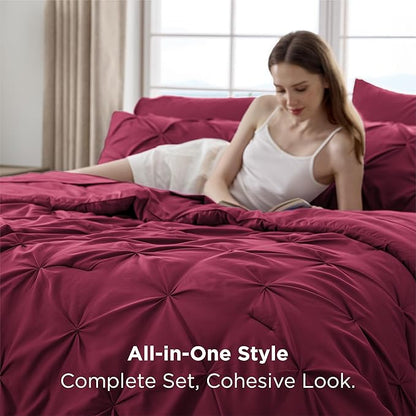 Bedsure Queen Comforter Set Dark Red - Bed in a Bag Queen Size Bedding 7 Pieces, GentleSoft™ Pintuck Bed Set Gift for Family, Pinch Pleat All Season Comforter with Sheets, Pillowcases & Shams