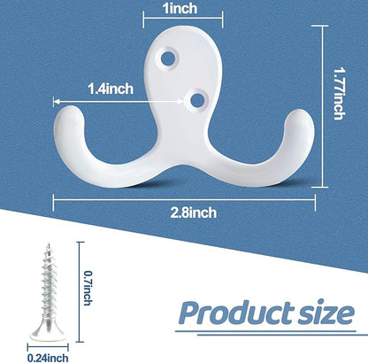 10 Pack Coat Hooks Wall Hooks for Hanging, Heavy Duty Double Prong Metal Hook Wall Mounted for Living Room, Bathroom, Kitchen, Bedroom for Coat, Bag, Scarf, Towel, Hat, Key, Cup (White)