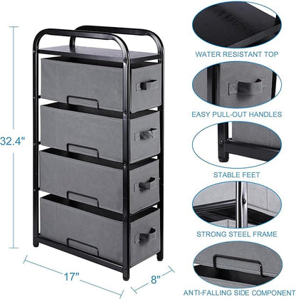 MAX Houser 4 Drawer Narrow Dresser Fabric Storage Tower Vertical Slim Storage Chest Organizer Nightstand Side/End Table Small Standing Organizer Removable Drawers Wood Top for Bedroom, Bathroom（Grey