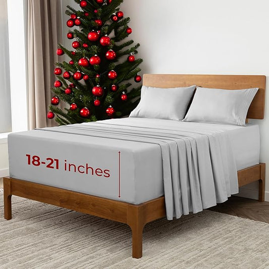 Mellanni Extra Deep California King Sheets - 4 PC Iconic Collection Bedding - Hotel Luxury, Ultra Soft, Cooling Bed Sheets - Wrinkle, Fade, Stain Resistant (Cal King, Light Gray)