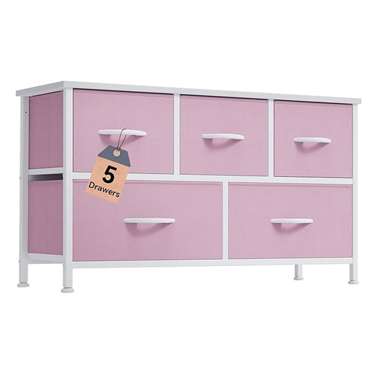 DWVO Dresser for Room with 5 Drawers - Fabric Storage Tower, Long Fabric Dresser, Organizer Unit for Closet, Hallway