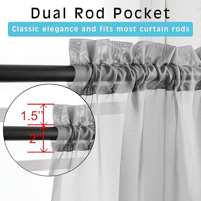 OWENIE Short Grey Sheer Curtains 36 Inches 2 Panels Set - Light Filtering Kitchen Tiers Rod Pocket Voile Cafe Curtains for Kitchen Bathroom Small Half Window, 42 in W x 36 in L, Grey