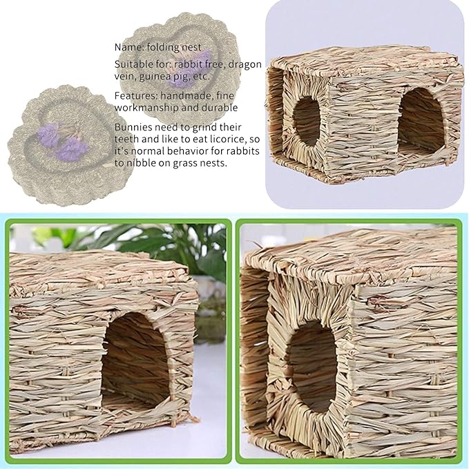 kathson 2 Pcs Large Rabbit Grass House Natural Foldable Hand Woven Seagrass Bed Carrot Hay Toy Hut Safe Comfortable Playhouse with Bunny Chew Toys for Bunny Hamster Guinea Pig Chinchilla Ferret-Mewly Pet