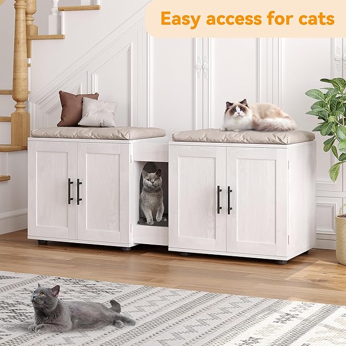 Gaomon Litter Box Enclosure with Double Cage, Cat House,Hidden Litter Box Enclosure Furniture for 2 Cats, Wooden Enclosed Cat Litter Box Furniture,55”L x 17.7”W x 22.5”H,White-Mewly Pet