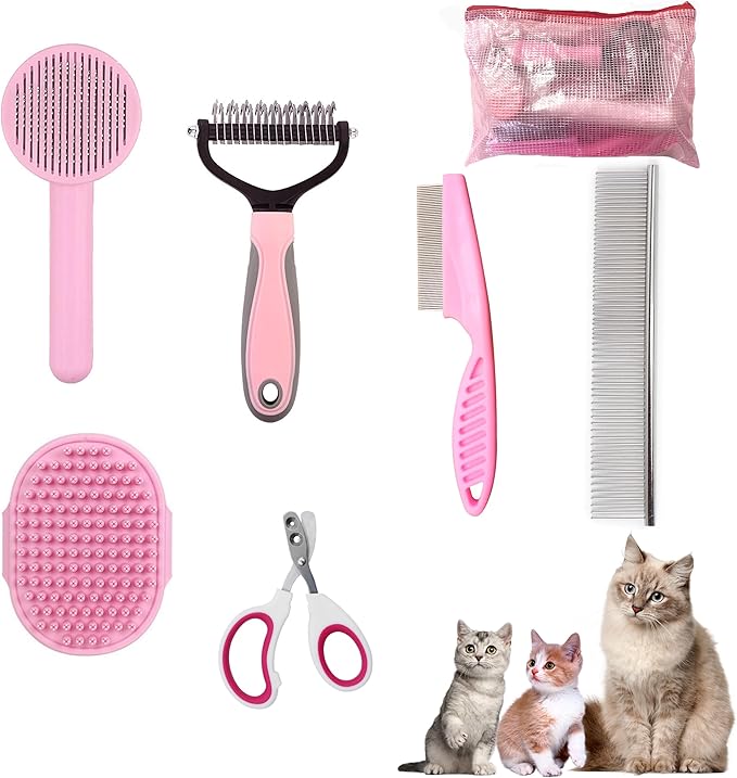 Cat Grooming Brush Kit 6 Tools - Deshedding & Dematting for Long/Short Hair, Self-Cleaning Slicker Brush with 6-in-1 Flea Comb for Cats & Kittens (Pink)-Mewly Pet
