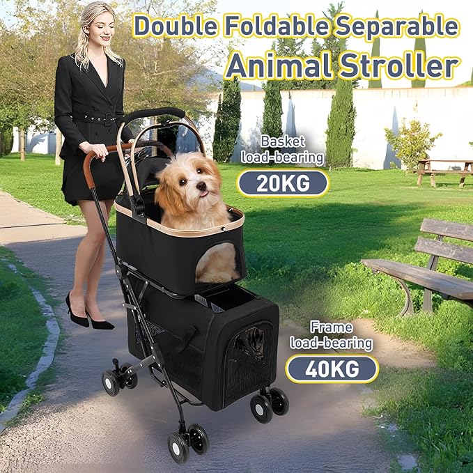 Double Pet Stroller for 2 Dogs or Cats, Folding Dog Stroller with 2 Detachable Carrier Bags, Safety Belt, 4 Lockable Wheels, Separate Compartments, for Multi-Pet Homes (Black)-Mewly Pet