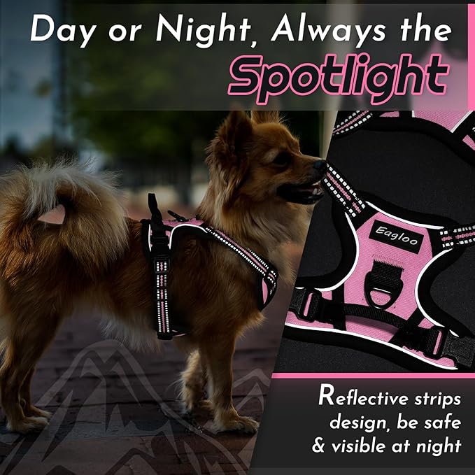Eagloo Small Dog Harness No Pull, Service Vest with Reflective Strips and Control Handle, Adjustable and Comfortable for Easy Walking, No Choke Pet Harness with 2 Metal Rings, Pink, XS-Mewly Pet