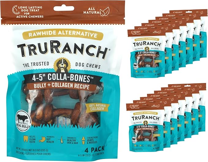 4-5" Collagen Bones, Bully - Collagen Dog Bones - Long Lasting Healthy Joint Support - Rawhide Alternative - Skin & Coat Health, Value Pack, 15 Bags, 60 Count-Mewly Pet