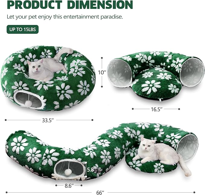 Cat Tunnel for Indoor Cats, Cute Peekaboo Cat Cave with Dangling Balls, Pet Donut Tunnel Bed with Circle Mat for Puppy Kitten Rabbit, Green Flower-Mewly Pet