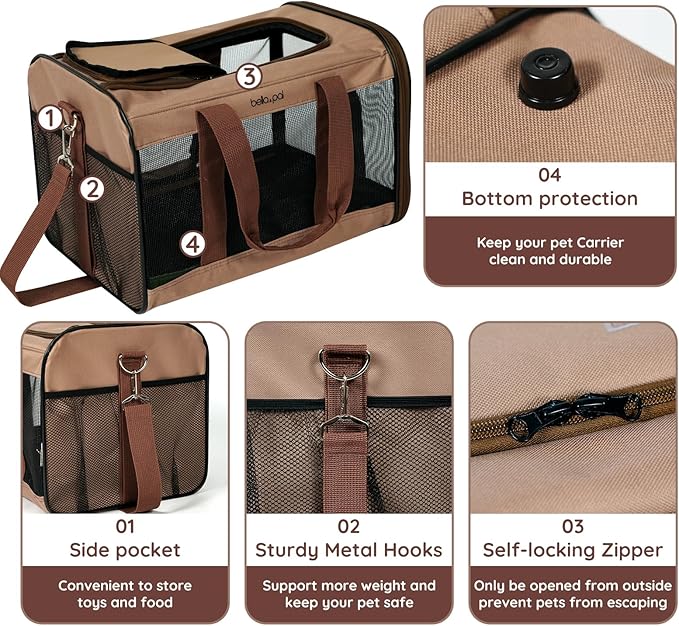 BELLA & PAL Cat Carrier Travel Bag, Airline Approved Lightweight Cat Carrier, Soft Sided Pet Carrier for Puppy Dogs Up to 18lbs, Collapsible Kitten Bag with Removable Waterproof Mat, Ventilated Mesh-Mewly Pet