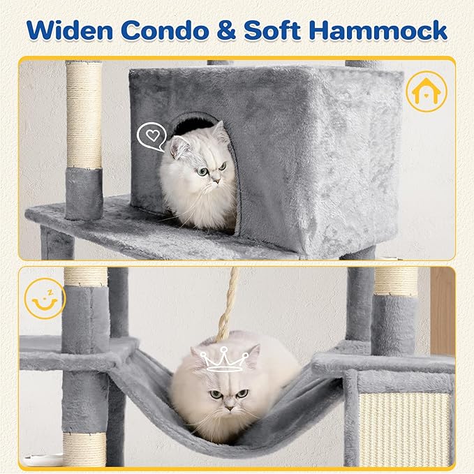 Cat Tree Tower 63in Multi-Level Cat Tower for Indoor Cats with Sisal Scratching Posts, Condo, Hammock, Dangling Ball and Extended Platform for Cats to Play, Light Grey-Mewly Pet