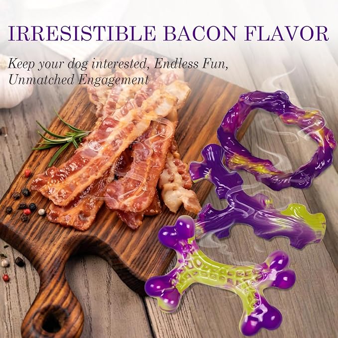 Tough Dog Toys for Aggressive Chewers 3 Pack, Indestructible Dog Toy for Large Dogs, Bacon Flavored, Keeps Dogs Busy-Mewly Pet