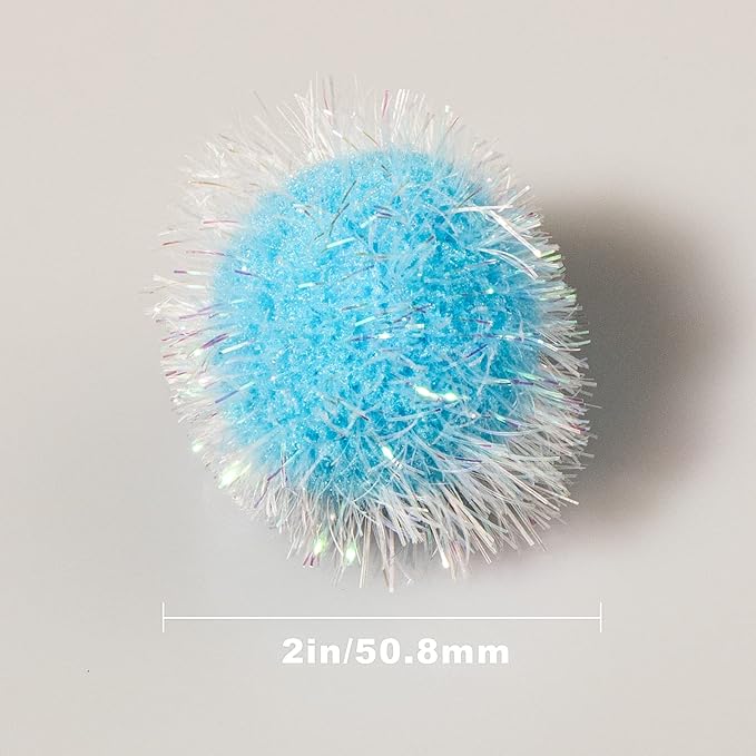 VAPKER 30 Pcs Cat Ball Toys Sparkle Balls Extra Large 2 Inch Cat's Favorite Chase Glitter Ball Glitter Tinsel Pom Poms Balls Light Blue Color-Mewly Pet