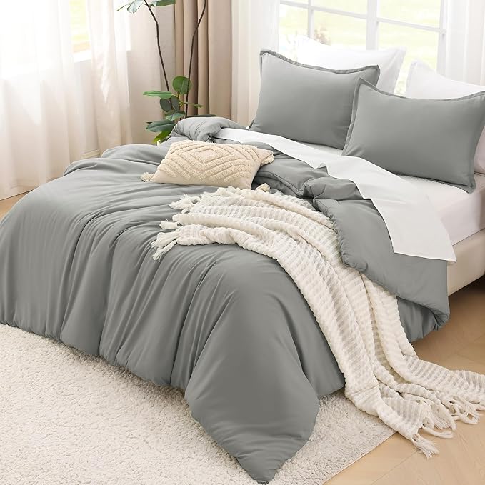 Litanika Comforters Medium Gray Full Size, 3 Pieces Lightweight Solid Bedding Set & Collections, All Season Fluffy Bed Set (79x90In Comforter & 2 Pillowcases)