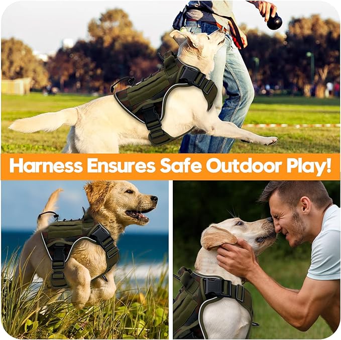 Heavy-Duty Tactical Dog Harness for Large Dogs, No Pull Adjustable Reflective Pet Vest with Molle System, K9 Military-Grade Control for Service Training, Outdoor & 10+ Breeds, Green Camo, XX-Large-Mewly Pet