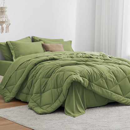 Love's cabin Twin Comforter Set Olive Green, 5 Pieces Twin Bed in a Bag, All Season Bedding Sets with 1 Comforter, 1 Flat Sheet, 1 Fitted Sheet, 1 Pillowcase and 1 Pillow Sham