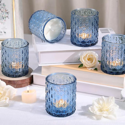 12Pcs Large Votive Candle Holders 2.8 * 3.2in Blue Tea Light Candle Holders Glass Candle Holder for Wedding, Bridal Shower, Table Centerpiece, Party, Home Decor