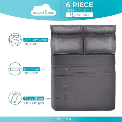 DREAMCARE Queen Sheet Set – 6 pcs Cooling Bed Sheets – up to 21” Deep Pocket Queen Sheets Set – 2500 Supreme Collection – Extra Soft 100% Brushed Microfiber Hotel Luxury with Side Pocket – Gray
