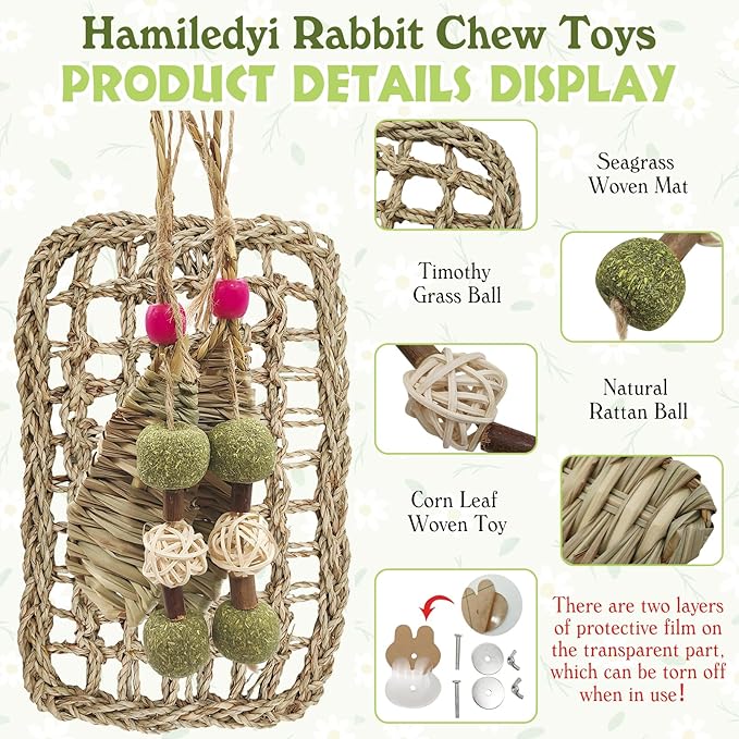 Hamiledyi Rabbit Seagrass Mat Hanging Bunny Chew Toys for Teeth Rabbit Enrichment Activity Mat Small Animal Toys for Guinea Pigs Chinchillas Gerbils Birds-Mewly Pet