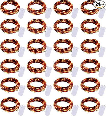 Brightown 24 Pack LED Fairy Lights Battery Operated String Lights Waterproof Silver Wire 7 Feet 20 LED Firefly Starry Moon Lights for DIY Wedding Party Bedroom Patio Christmas (Orange, 24 Pack)