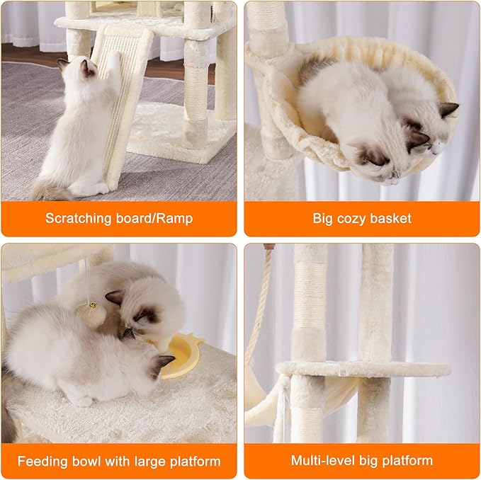 Heybly Tall Cat Tree, 78-inch Multi-Level Cat Tower for Indoor Cats, 2 Widened Plush Perches Cat Condo with Scratching Board and Big Caves, Beige HCT033M-Mewly Pet