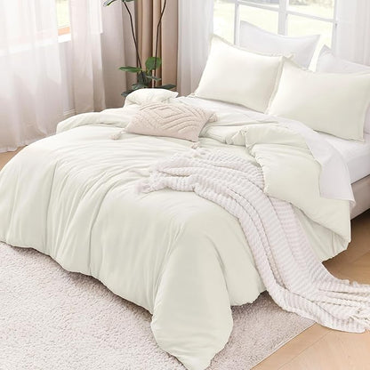 Litanika Comforters Ivory Oversized Queen Size, 3 Pieces Lightweight Solid Bedding Comforter Set, All Season Fluffy Bed Set (98x98In Comforter & 2 Pillowcases)