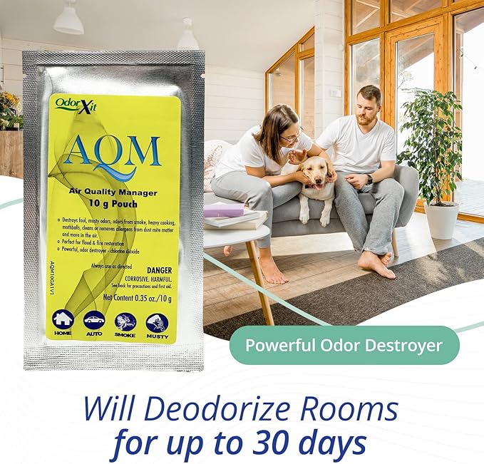 AQM by OdorXit, Air Quality Manager Chlorine Dioxide Odor Removal Packet, Dog Odor Eliminators for Home, Wet Dog Smell & Car Deodorizer, Strong Smell Neutralizer, 10g-Mewly Pet