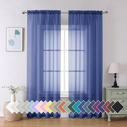 Aiyufeng Royal Blue Sheer Curtains 84 Inches Long 2 Panels Set, Semi Transparent Voile Rod Pocket Blue Sheer Window Drapes for Bedroom Bed Canopy Dining Wedding Party Backdrop, 40W x 84L inch