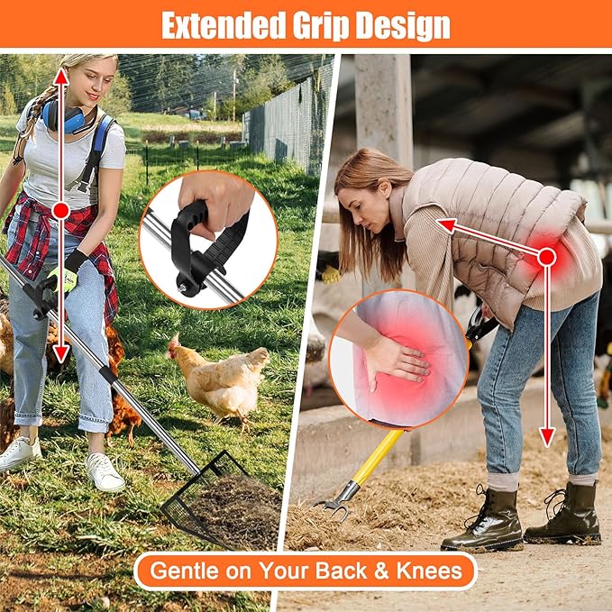 Chicken Poop Scooper and Rake with Ergonomic Handle, 2 in 1 Large Metal Chicken Coop Scoop for Poop with Adjustable Stainless Steel Pole, Sand Sifting Shovel for Chicken Coop Accessories-Mewly Pet