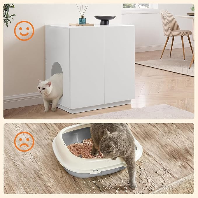 unipaws Tall Cat Litter Box Enclosure with Shelves, Hidden Litter Box Cover for Tall or Top Entry Litter Box, Kitty Enclosed Litter Box Cabinet, Cat Box Furniture， White-Mewly Pet