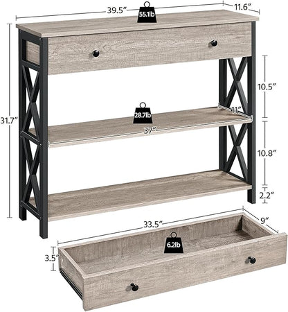 Yaheetech Console Table with Drawer, Entryway Table with 3 Tier Storage Shelves, Narrow Long Sofa Table for Entryway, Living Room, Hallway, Couch, Kitchen, Metal Frame, Gray