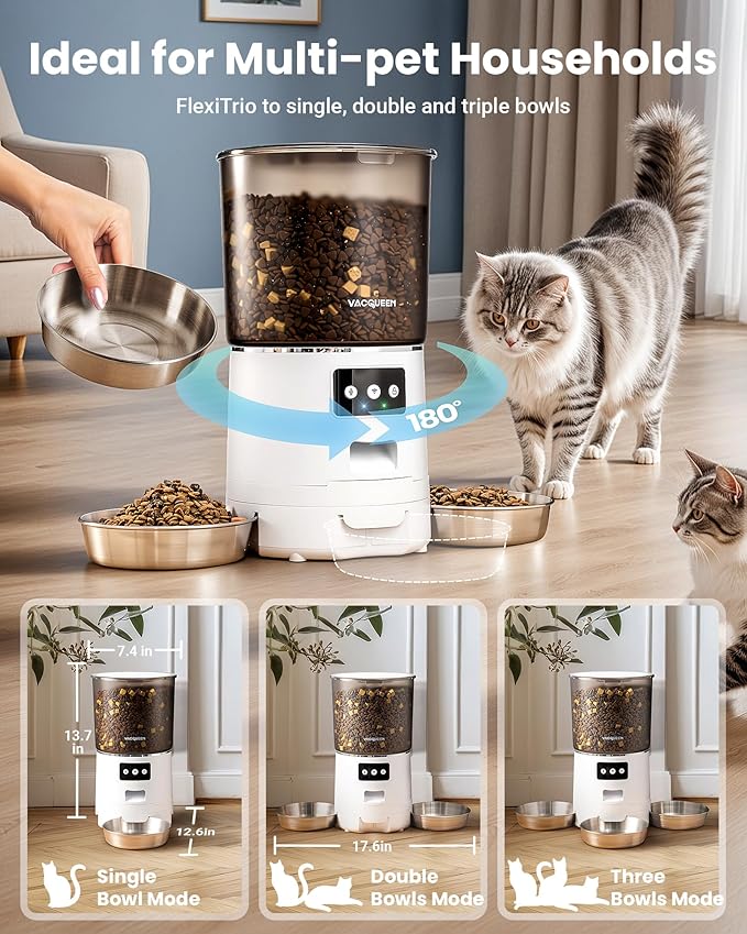 Automatic Cat Feeder for 3 Cats, 6L/25 Cups Smart WiFi Pet Feeder, Strong Anti-Jam System, Dual-Effect Desiccant Cat Food Dispenser, with 10S Voice Recorder for Cats and Small Dog(White)-Mewly Pet