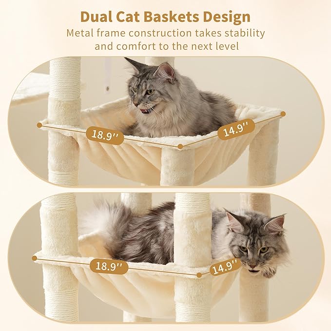 Heybly Heavy Duty Cat Tree, 71-Inch Tall Tower for Large Maine Coon with Extra-Large Baseboard, Cat Condo Furniture with Multi-Level Platforms, 2 Hammocks and 12 Scratching Posts, Beige HCT037M-Mewly Pet