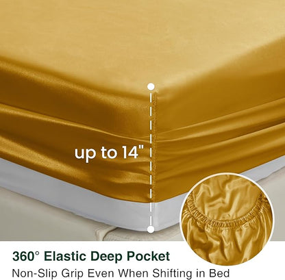 Love's cabin Full Size Satin Sheet Sets - 4 Piece Gold Silky Sheet Set with Deep Pocket, Luxury Silk Feel Satin Sheets Full Bedding Set (1 Flat Sheet,1 Fitted Sheet,2 Pillow Cases)