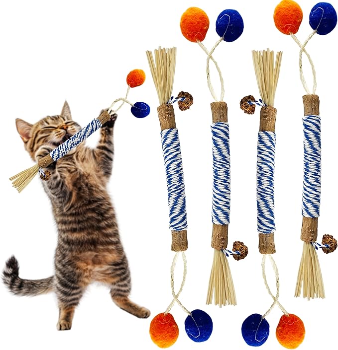 Catnip 4PCS Chew Stick with Wrapped Cotton Rope – Natural Dental Care Cat Toy for Teeth Cleaning & Gum Health, Satisfies Chewing Instincts, Safe & Long-Lasting Kitten Teething Toy-Mewly Pet