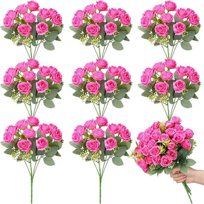 Zeyune 8 Pack 12 Inch Wedding Bouquets for Bride Bridesmaid Hot Pink Artificial Rose Bouquet Fake Silk Roses Flowers Bunches Bulk for Home Office Garden Parties Decoration