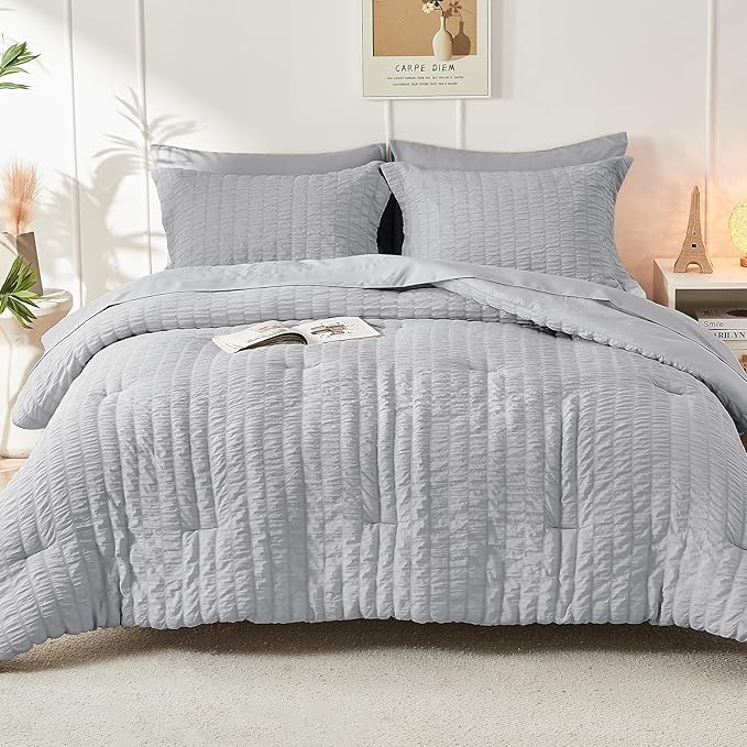 HYMOKEGE Light Grey Oversized Queen Comforter Set Seersucker 7 Pieces, All Season Luxury Bed in a Bag for Bedroom, Bedding Set with Comforter, Sheets, Pillowcases & Shams