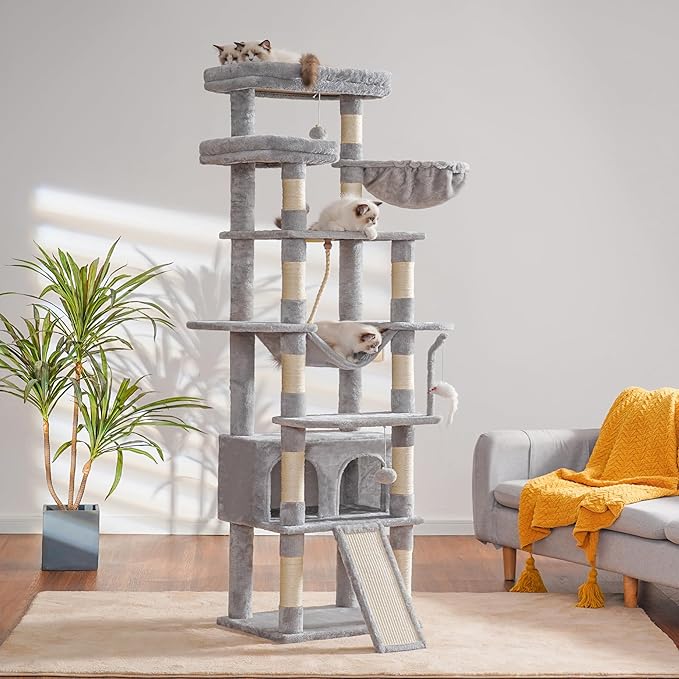 Heybly Tall Cat Tree, 78-inch Multi-Level Cat Tower for Indoor Cats, 2 Widened Plush Perches Cat Condo with Scratching Board and Big Caves, Light Gray HCT033W-Mewly Pet