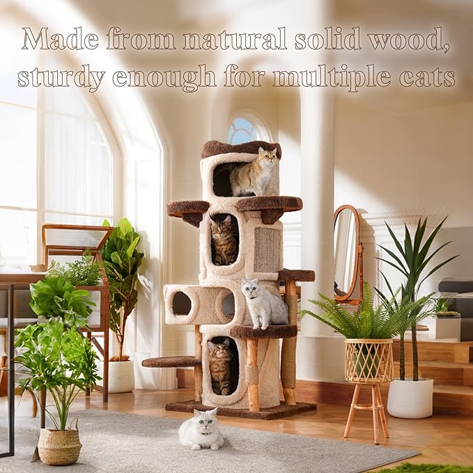 70" Heavy Duty Cat Tree for Large Cats with Toys, All-in-One Cat Tower with Cat Perch, Tall Cat Tower with Scratching Post, Brown Modern Cat House-Mewly Pet