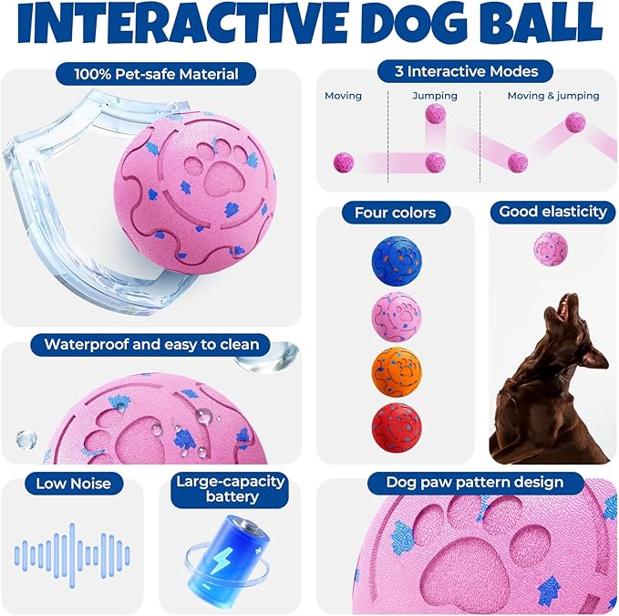 Dog Balls: Interactive Dog Ball Auto Rolling - Interactive Dog Toys for Aggressive Chewers - Bouncy & Throwable, Type-C Rechargeable, Washable, for Small & Medium & Large Dogs – Pink-Mewly Pet