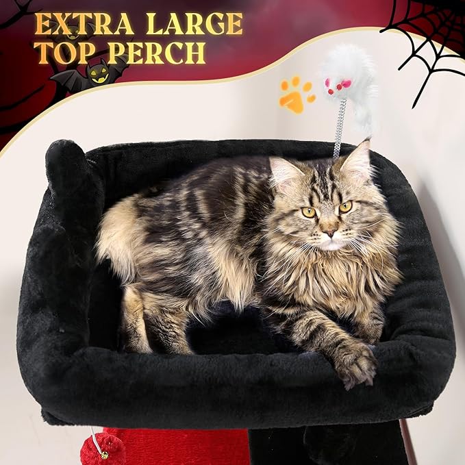 Globlazer Gothic Cat Tree Tower for Indoor Cats, 50-inch Goth Adult Cat Tree House for Large Adult Cats with Steps, Scratching Post, 2 Cat Caves, Dangling Toys, FC50, Blood-Goth-Mewly Pet