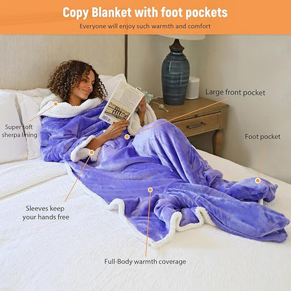 Catalonia Sherpa Wearable Blanket with Sleeves & Foot Pockets for Adult Women Men, Comfy Snuggly Wrap Sleeved Throw Blanket Robe, Gift Idea